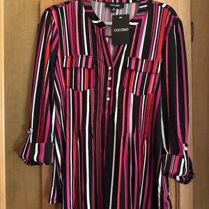 NWT Cocomo Black/Pink Striped Pleated Top L